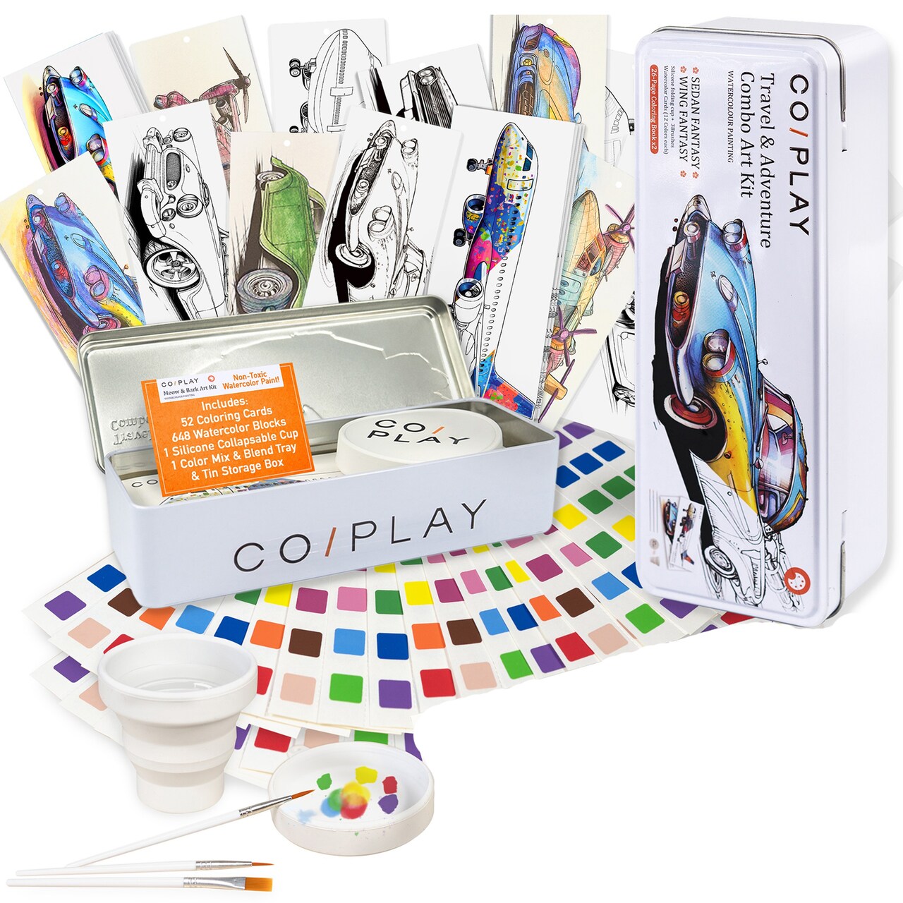 COIPLAY: Watercolor Painting Art Kit - Travel & Adventure - Tin Box, 52 Themed Bookmarks, 648 Color Blocks, 3 Brushes, Silicone Cup, Adults-Kids 6+